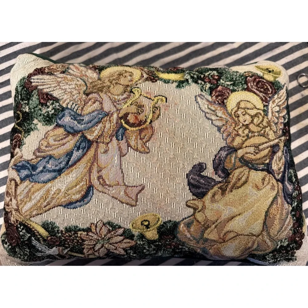 Vintage Woven Tapestry Angel Pillow Musical Harp Lute Forest Green Back